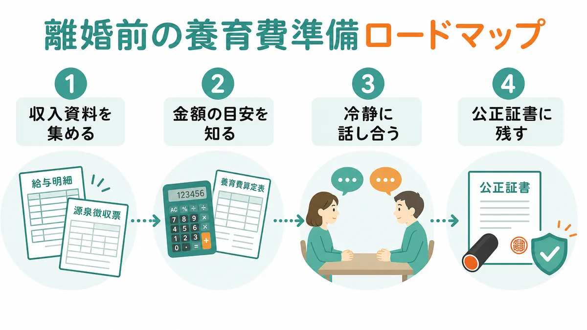 離婚前の養育費準備ロードマップ 収入資料の収集、金額の目安の確認、冷静な話し合い、公正証書化の4ステップの図解