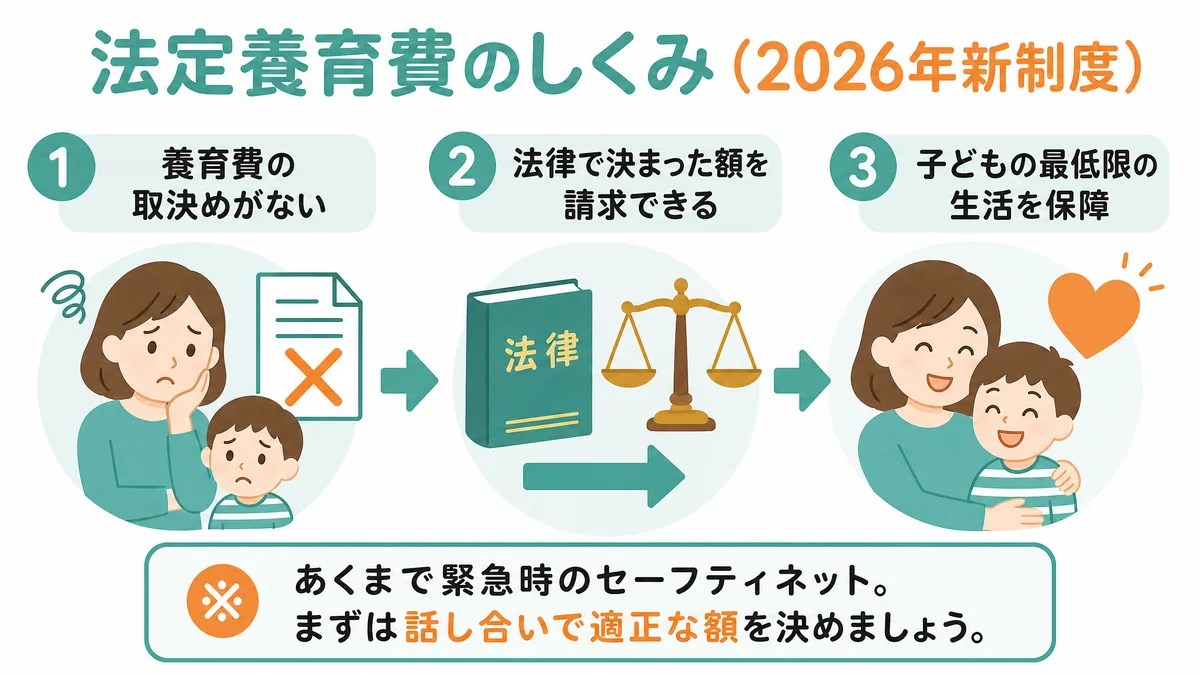 法定養育費のしくみ(2026年新制度) 取決めなしでも法定額を請求でき子どもの最低限の生活を保障する流れの図解