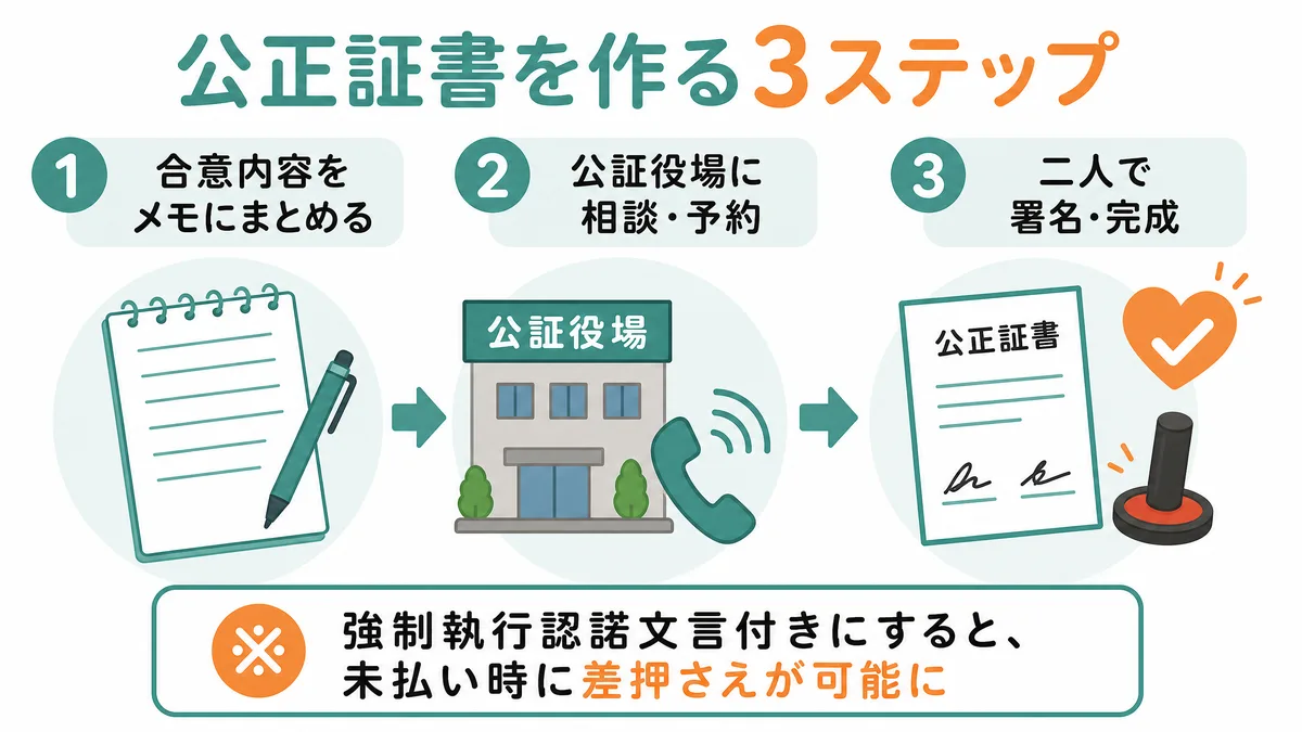 公正証書を作る3ステップ 合意内容をメモにまとめ公証役場に相談し二人で署名する流れの図解