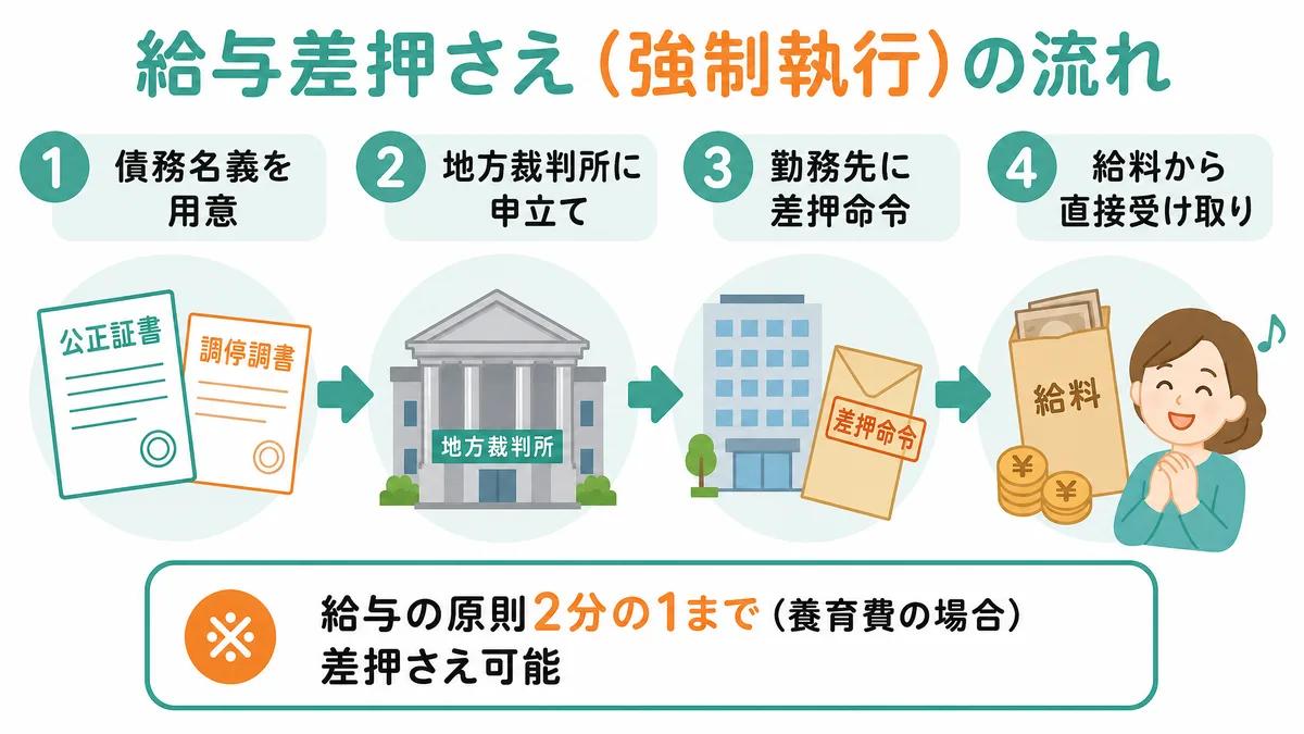 給与差押さえ(強制執行)の流れ 債務名義の用意から地方裁判所申立て、勤務先への差押命令、給料からの直接受け取りまでの図解