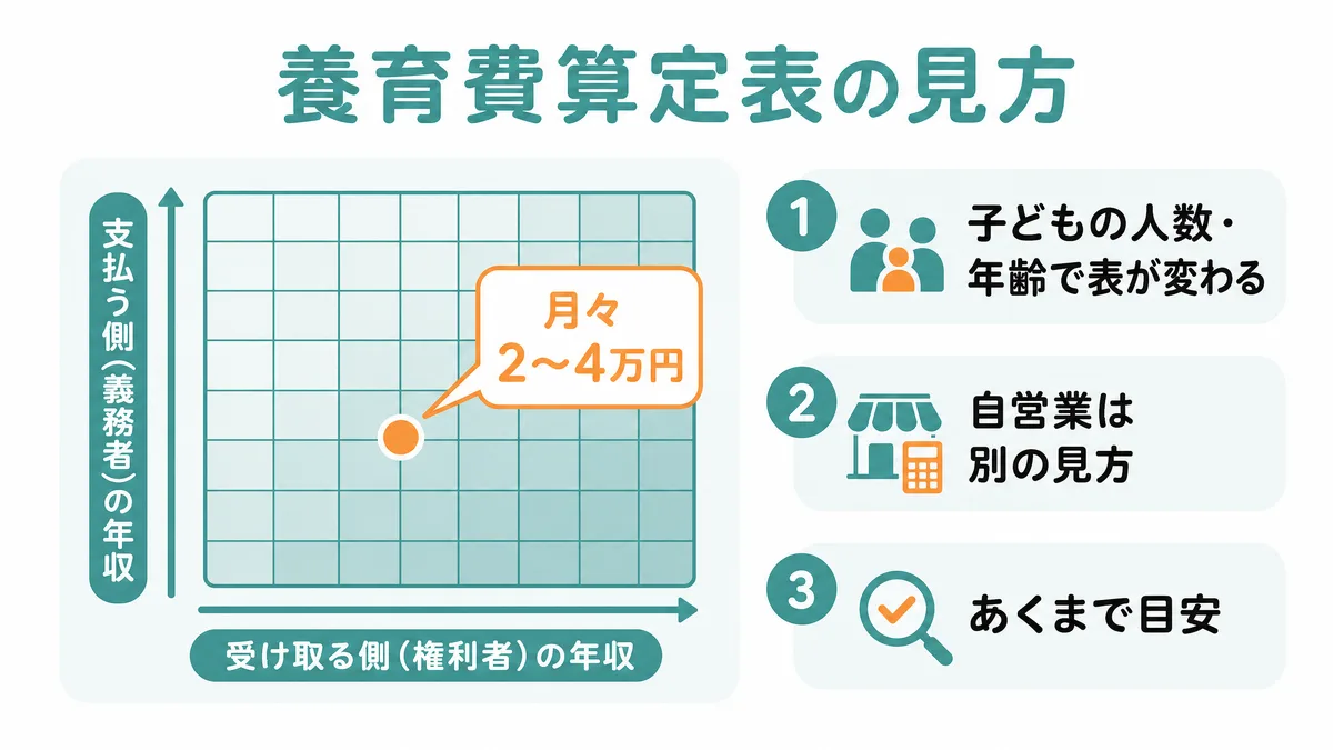 養育費算定表の見方 支払う側と受け取る側の年収の交差点が目安額になることを示す図解
